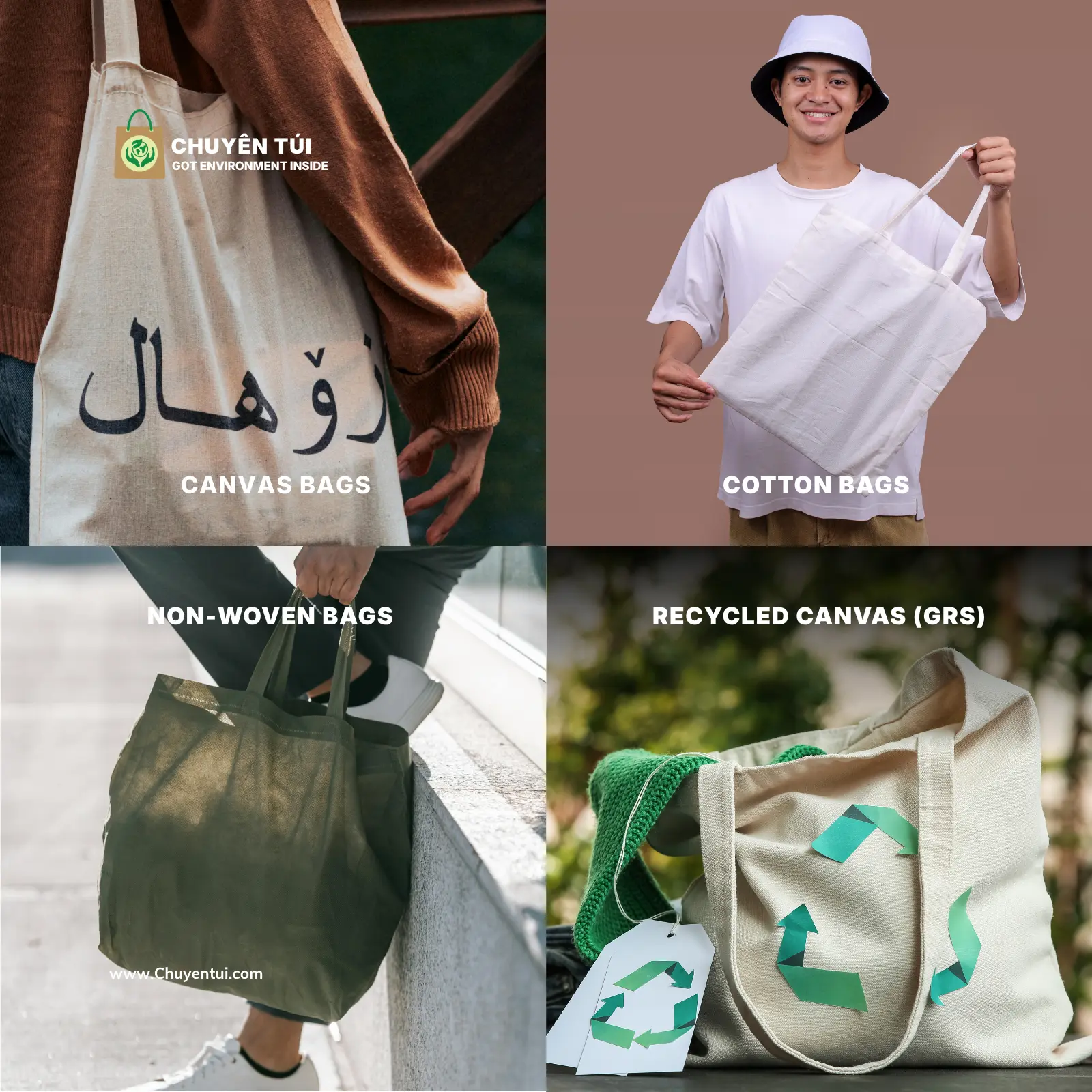 A professional display of Chuyen Tui’s core products including durable canvas bags, lightweight cotton bags, cost-effective non-woven bags, and certified GRS recycled bags. This showcase proves our versatility as a wholesale fabric bag manufacturer.
