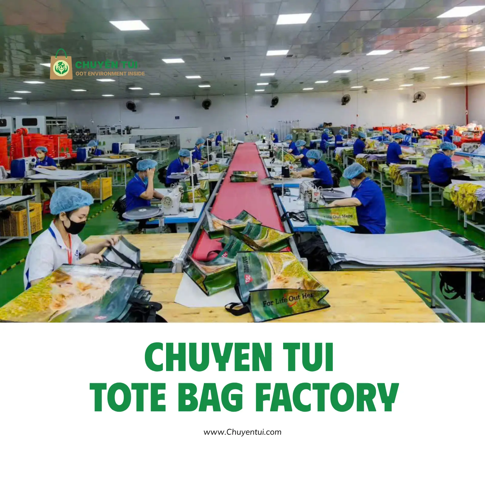 Heavy sewing machines lines specialized for OEM orders inside Chuyen Tui factory.